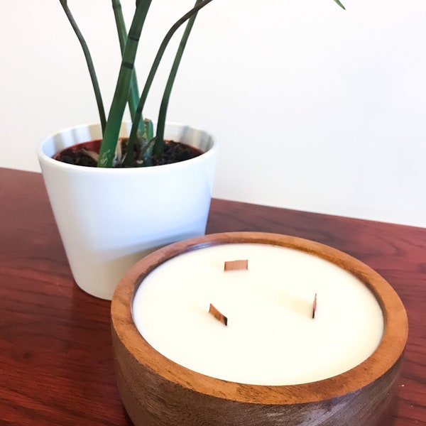 Three wick sapele wood candle, solid wood candle, leather tobacco teakwood scented candle, gift for him, unique gift candle, wooden candle