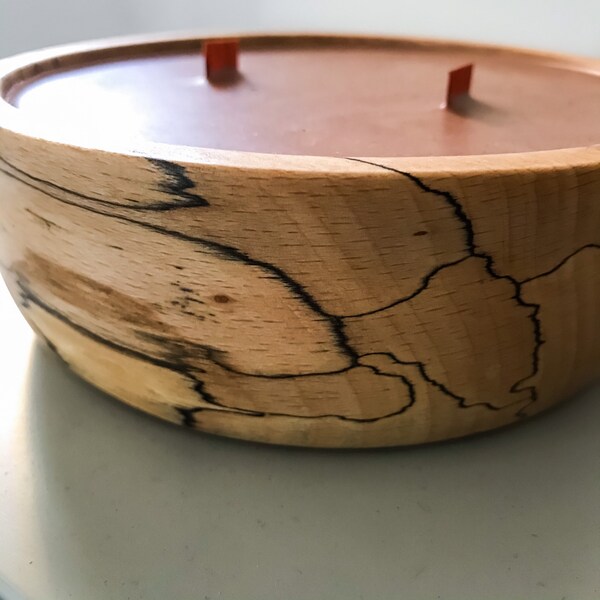 Two wick spalted beech candle, wood wick scented candle, sandalwood amber scented candle, hand turned solid wood bowl candle, unique gift