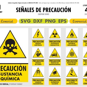 Könnte beinhalten: Ein Satz von 12 gelben und schwarzen Warnschildern mit verschiedenen Symbolen und Texten auf Spanisch. Die Schilder sind dreieckig mit schwarzem Rand und zeigen Symbole wie Totenkopf und Knochen, ein Strahlungssymbol, eine Flamme und eine Explosion. Der Text auf den Schildern lautet "Precaucion" und "Riesgo".