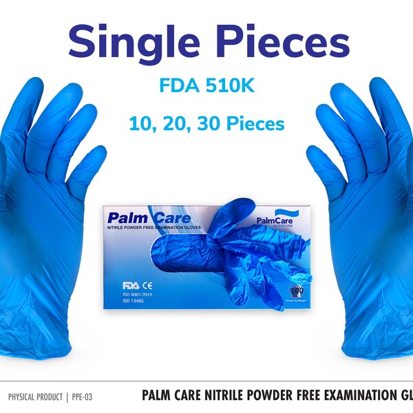 Palm Care Nitrile Gloves, Powder Free, Latex Free Disposable Exam Blue Gloves, sale by single pieces, shipping included