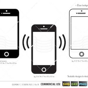 Peut inclure: Illustration en noir et blanc de deux smartphones, l'un sonnant, avec un motif de lignes ondulées en arrière-plan. L'image comprend le texte "Fond transparent" et "Designs évolutifs à la taille souhaitée".