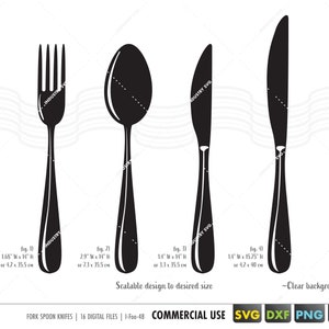 May include: A set of four black silhouette cutlery pieces: a fork, a spoon, and two knives. The cutlery is shown against a white background with a wavy pattern. The dimensions of each piece are listed below the image.