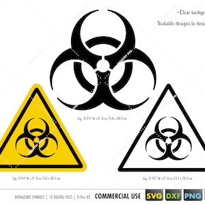 May include: Two black and yellow biohazard warning signs with a triangular shape and a black biohazard symbol inside. The signs are on a white background. The text on the signs reads "fig. 1) 9.1" W x 8" or 23.1 x 20.3 cm" and "fig. 2) 9.7" W x 8" Hor 23.3 x 20.3 cm".