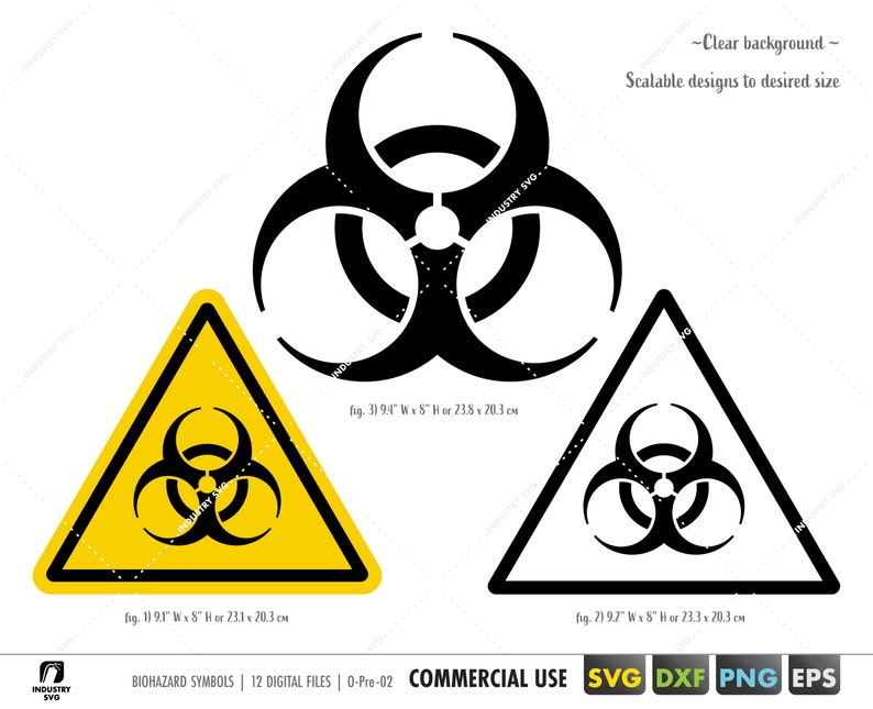 May include: Two black and yellow biohazard warning signs with a triangular shape and a black biohazard symbol inside. The signs are on a white background. The text on the signs reads "fig. 1) 9.1" W x 8" or 23.1 x 20.3 cm" and "fig. 2) 9.7" W x 8" Hor 23.3 x 20.3 cm".