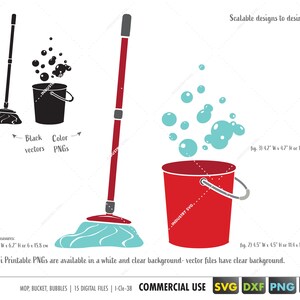May include: A set of digital files for a mop, bucket, and bubbles. The files are available in black vector and color PNG formats. The image shows a red bucket with a blue mop and a red handle. The bucket has a handle and is filled with blue bubbles. The mop is a traditional style with a white cloth.