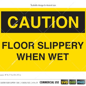 May include: A yellow caution sign with black text that reads "CAUTION FLOOR SLIPPERY WHEN WET". The sign is 10 inches wide and 7 inches tall.