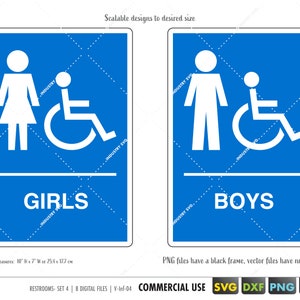 May include: Two blue signs with white outlines, one for girls and one for boys. Each sign has a stick figure representing the gender and a wheelchair symbol. The signs are 10 inches by 7 inches.