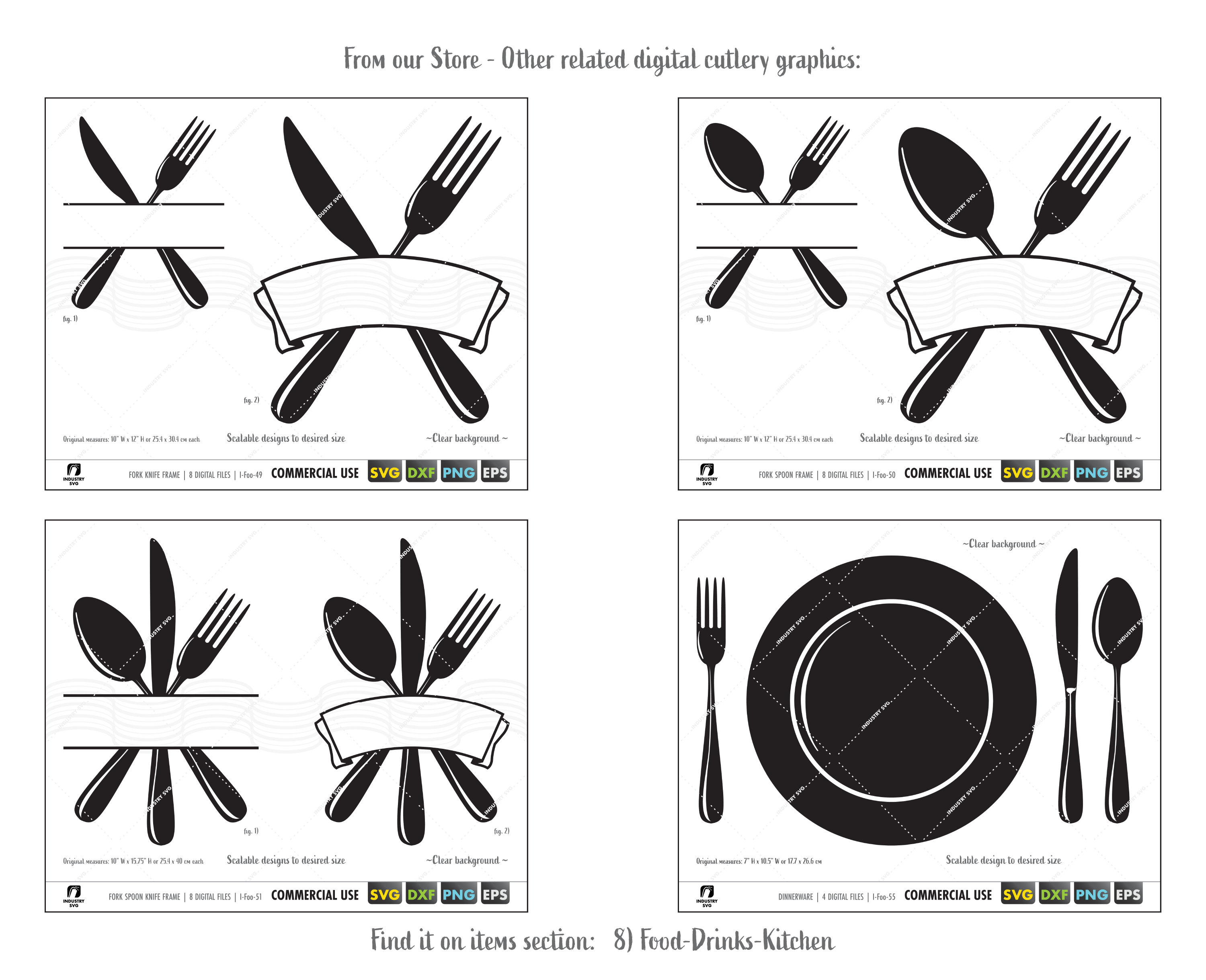 set of 8 kitchen prints, coffee print set, fork spoon... Kitchen Monogram Frame Svg, Spoon Fork Knife Split Monogram Svg, Dinner ...