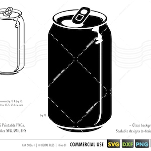 May include: Black and white illustration of a soda can with a pull tab. The can is 5 inches wide by 10 inches tall. The image is suitable for commercial use.