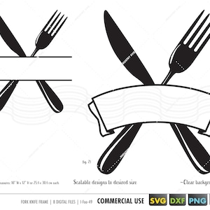 Op de afbeelding: Zwart-witte silhouet van een mes en vork gekruist over een banner. De banner is leeg en kan worden aangepast met tekst. Het ontwerp is schaalbaar en kan voor commerciële doeleinden worden gebruikt. De afbeelding is gelabeld "fig. 2".