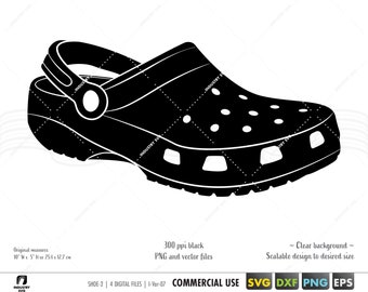 May include: Black and white silhouette of a clog shoe with a strap and holes. The shoe is 10 inches wide and 5 inches high.