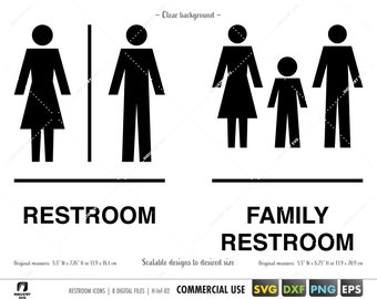 Può includere: Un cartello per i bagni in bianco e nero con la scritta "RESTROOM" e una figura stilizzata di una donna e un uomo. Il cartello include anche un cartello per i bagni per famiglie con la scritta "FAMILY RESTROOM" e figure stilizzate di una donna, un uomo e un bambino.