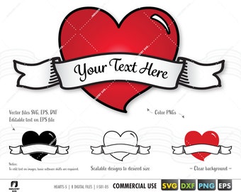 heart with ribbon svg, heart with banner svg, heart logo, heart silhouette cut file for cricut dxf, eps, png, Valentines clip art