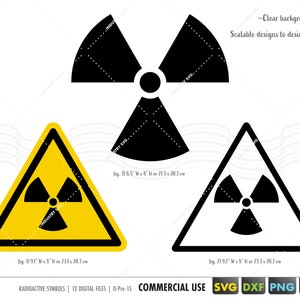 May include: Two black and yellow warning signs with a black radiation symbol inside. The signs are triangular with a yellow background and a black border. The text on the signs reads "fig. 1) 9.1" W x 8" H or 23.1 x 20.3 cm" and "fig. 2) 9.7" W x 8" H or 23.3 x 20.3 cm".