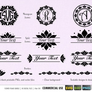 Könnte beinhalten: Ein Satz von 48 digitalen Dateien für Blumenrahmen-Bundles. Die Rahmen sind schwarz und weisen ein stilisiertes Lotusblumen-Design auf. Die Rahmen sind in den Stilen Monogramm, geteilt und Bordüre erhältlich. Der Text "Your Text" ist im Bild enthalten. Die Dateien sind in den Formaten SVG, DXF, PNG und EPS verfügbar.
