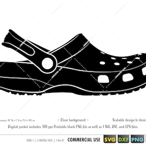 May include: Black and white silhouette of a clog shoe with a strap. The shoe has a textured sole and a rounded toe. The design is scalable to any size.