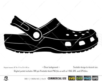 May include: Black and white silhouette of a clog shoe with a strap. The shoe has a textured sole and a rounded toe. The design is scalable to any size.