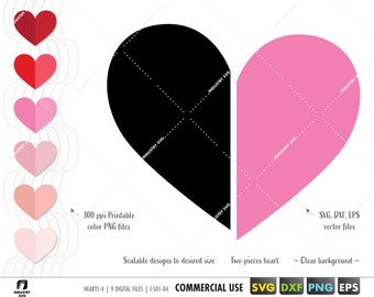 two pieces heart svg, half heart svg, two color heart svg, heart vector silhouette file for cricut dxf, eps, png, Valentine heart