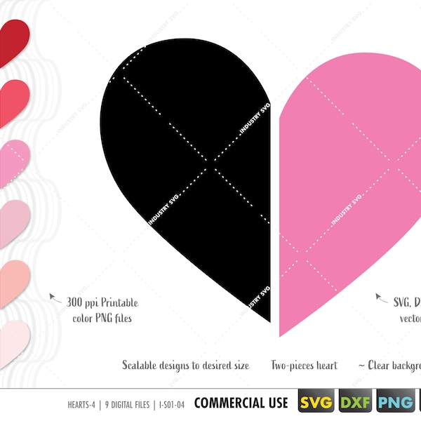 two pieces heart svg, half heart svg, two color heart svg, heart vector silhouette file for cricut dxf, eps, png, Valentine heart