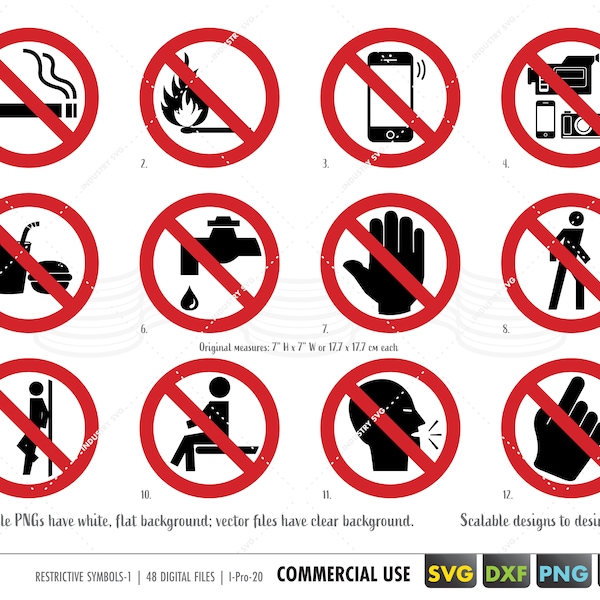 printable forbidden symbols, do not signs, no smoking, no touching, no camera, prohibited svg, no entry, no trespassing, no food svg png dxf