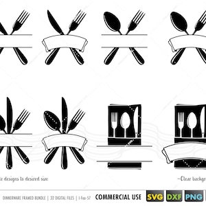 Puede incluir: Un conjunto de 32 archivos digitales para crear diseños de vajilla personalizados. Los archivos incluyen varias ilustraciones en blanco y negro de tenedores, cuchillos y cucharas cruzados, así como un diseño con una servilleta y cubiertos. Los diseños son escalables a cualquier tamaño y se pueden utilizar para fines comerciales.