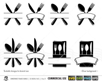 kitchen monogram frame bundle svg, spoon fork knife split monogram svg, dinner logo, spoon fork knife clipart, cutlery svg, utensils eps dxf