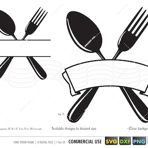 May include: Black and white silhouette of a fork and spoon crossed over each other with a blank banner underneath. The design is scalable and can be used for commercial purposes.