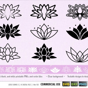lotus flower bundle svg, yoga digital cut file for cricut, silhouette eps dxf svg, lotus flower clip art png, Asian flower template