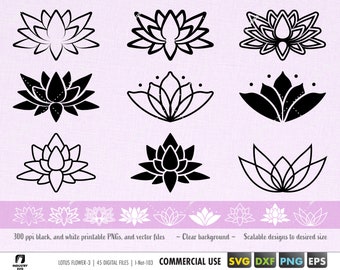 lotusbloem bundel svg, yoga digitaal gesneden bestand voor cricut, silhouet eps dxf svg, lotusbloem clip art png, Aziatische bloem sjabloon