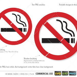 Puede incluir: Señal de prohibido fumar con un círculo rojo y una línea diagonal que atraviesa un cigarrillo con humo. La señal está disponible en dos versiones: plana y con sombra. La señal mide 17,7 cm por 17,7 cm.