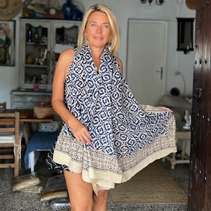Hand block print cotton sarong,scarves, Bagruprint pareo,indigo print sarong,Big size sarong,ethic shawl in modern print,Beach warp pareo