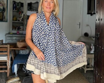 Hand Block Print Cotton Sarong: Indigo Beach Wrap Pareo