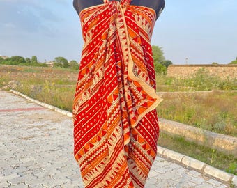 Handblock Print Cotton Sarong, Orange Pareo, Beach Cover-Up