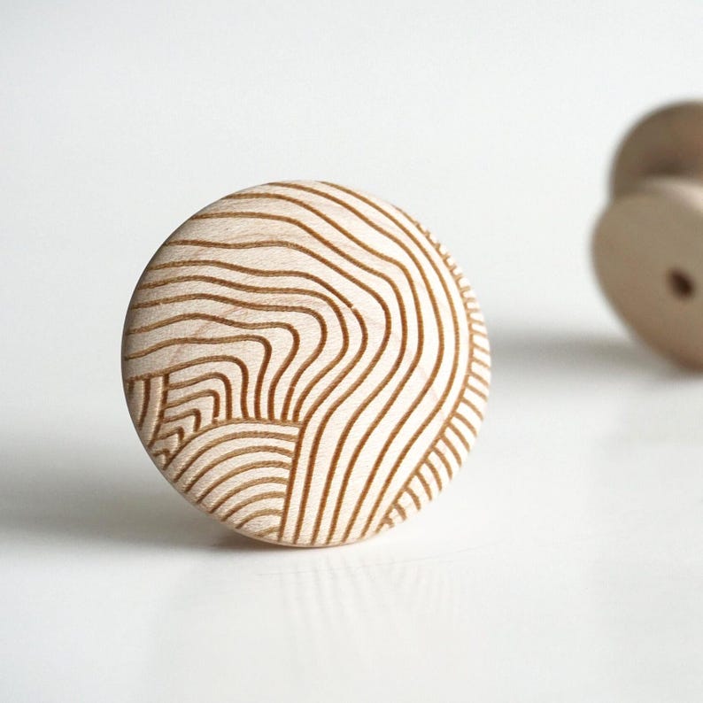 Solid Maple Cabinet Knobs | Wood Drawer Pulls Geometric Engraved Knobs | Mid Century Modern Hardware | Kitchen Cabinet Handles | Mix&Match image 2