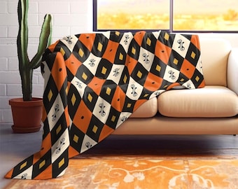 Mid Century Modern Sherpa Fleece Blanket | Retro Harlequin Geometric Throw | Burnt Orange Black Cream MCM Home Decor | 716-294