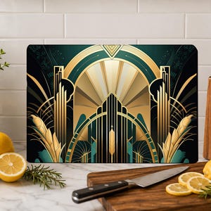 Art-déco-Schneidebrett aus Glas für Wurstwaren | Geometrisches Servierbrett in Schwarz und Gold, inspiriert von den 1920er-Jahren, ideal als Hochzeitsgeschenk oder Einzugsgeschenk.