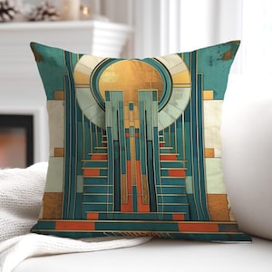 May include: A square throw pillow featuring a geometric pattern with a central gold circle surrounded by teal, orange, and cream vertical lines and rectangular shapes. The design includes symmetrical architectural elements with a textured finish.