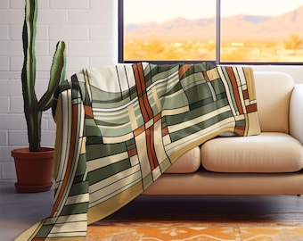 Prairie Style Sherpa Fleece Blanket | Frank Lloyd Wright Inspired Throw Mid Century Modern Landscape Blanket Green Gold Home Decor | 752-649