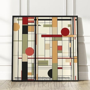 Könnte beinhalten: Ein quadratischer gerahmter Wandkunstdruck mit einer geometrischen Komposition aus sich kreuzenden schwarzen Linien, einfarbigen rechteckigen Blöcken in Rot, Olivgrün und Beige sowie drei ausgefüllten Kreisen in Rot, Beige und Schwarz auf cremefarbenem Grund.