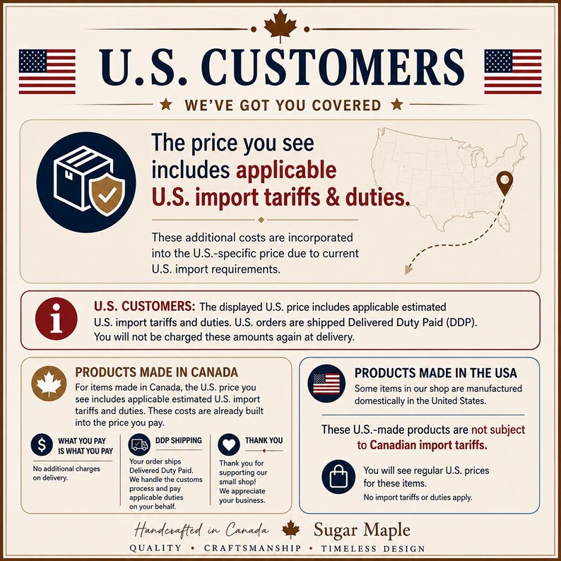 K&ouml;nnte beinhalten: Eine Informationsgrafik f&uuml;r US-Kunden bez&uuml;glich Einfuhrz&ouml;llen und Abgaben. Der Text erkl&auml;rt, dass diese Kosten f&uuml;r in Kanada hergestellte Artikel im Preis enthalten sind, w&auml;hrend in den USA hergestellte Artikel davon befreit sind.