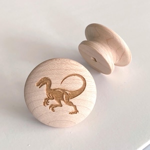 Puede incluir: Dos pomos de armario de madera sin terminar. Un pomo presenta un diseño de dinosaurio grabado con láser. El otro pomo tiene una forma simple y redondeada. Estos pomos son perfectos para añadir un toque único a los muebles.
