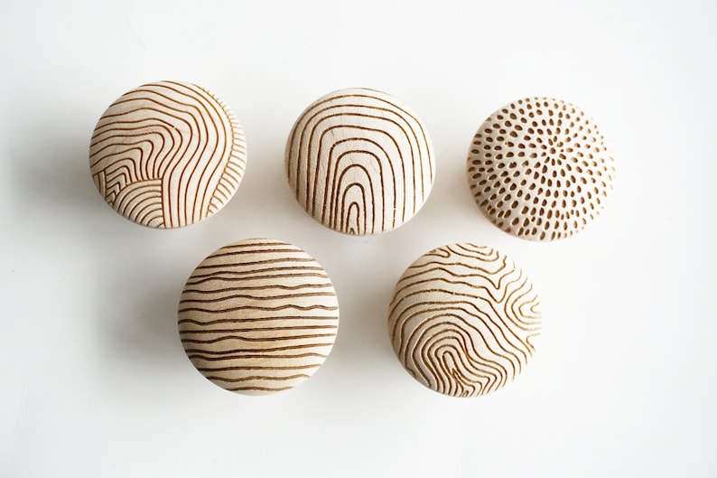 Solid Maple Cabinet Knobs | Wood Drawer Pulls Geometric Engraved Knobs | Mid Century Modern Hardware | Kitchen Cabinet Handles | Mix&Match image 3