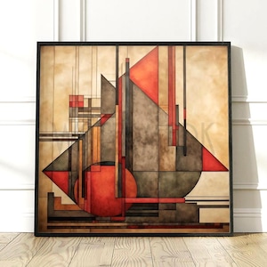 May include: A square framed wall art piece featuring a geometric composition of overlapping triangles, rectangles, and a prominent red circle. The color palette consists of muted beige, charcoal gray, and vibrant red accents with thin black lines.
