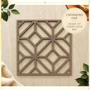 May include: A square, brown, unfinished HDF decorative panel featuring a geometric lattice pattern. The text on the image reads: Sugar Maple Decor, Timeless details for a more beautiful home, Unfinished HDF, Ready to finish your way, Decorative accents, Paint, stain or custom finish, Bring your ideas to life, Small details. A big difference.