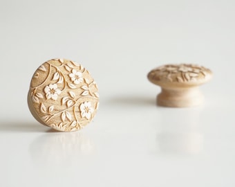 1.5" ALICE | MAPLE - Floral Solid Wood Cabinet Knob, Designer Wood Pull, Drawer Pull, Wood Handle, Do It Yourself, DIY