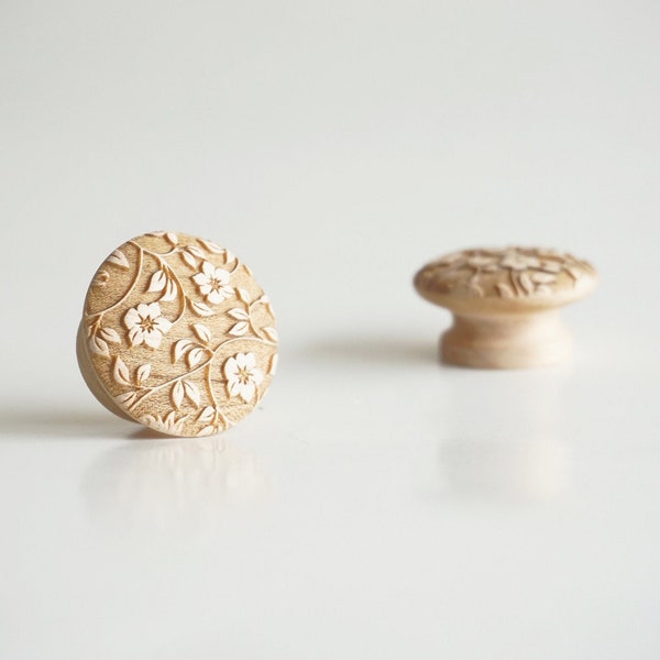 1.5" ALICE | MAPLE - Floral Solid Wood Cabinet Knob, Designer Wood Pull, Drawer Pull, Wood Handle, Do It Yourself, DIY