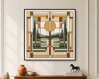 Prairie Style Wall Art | Mid Century Modern Geometric Landscape | Architectural Art Print | Framed Canvas or Acrylic Wall Decor | 752-649