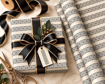 Art Deco Wrapping Paper | Black & Ivory Geometric Gift Wrap | Architectural Pattern | Vintage Style Gift Paper | Matte or Glossy | W-1004