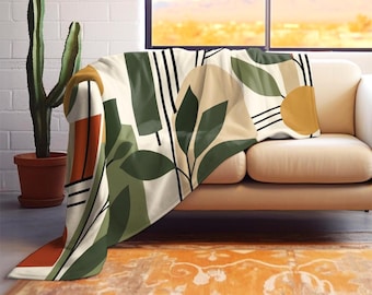 Mid Century Modern Sherpa Fleece Blanket | Botanical Geometric Throw Blanket | Art Deco Retro Leaf Decor | Housewarming Gift | 716-293