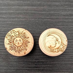 SUN and MOON | 1.25" - 1.5" | Maple - Sun & Moon pattern wooden knob, Solid Wood Cabinet Knob, Designer Wood Pull, Drawer Pull, DIY